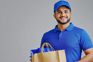 Delivery person holds grocery bags, a Photo by Beautiful things