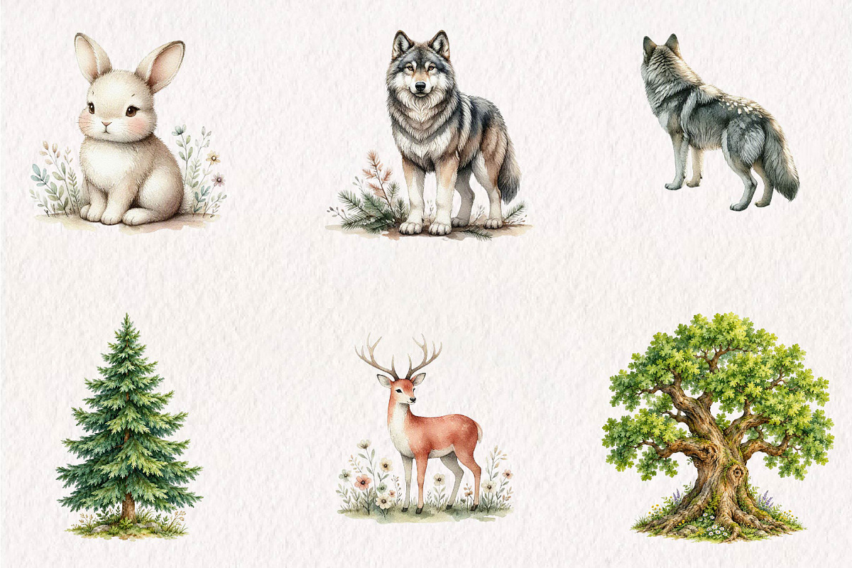 Watercolor Woodland Animals Clipart, a Seasonal Illustration by CreationArt (Photo 2 of 7)