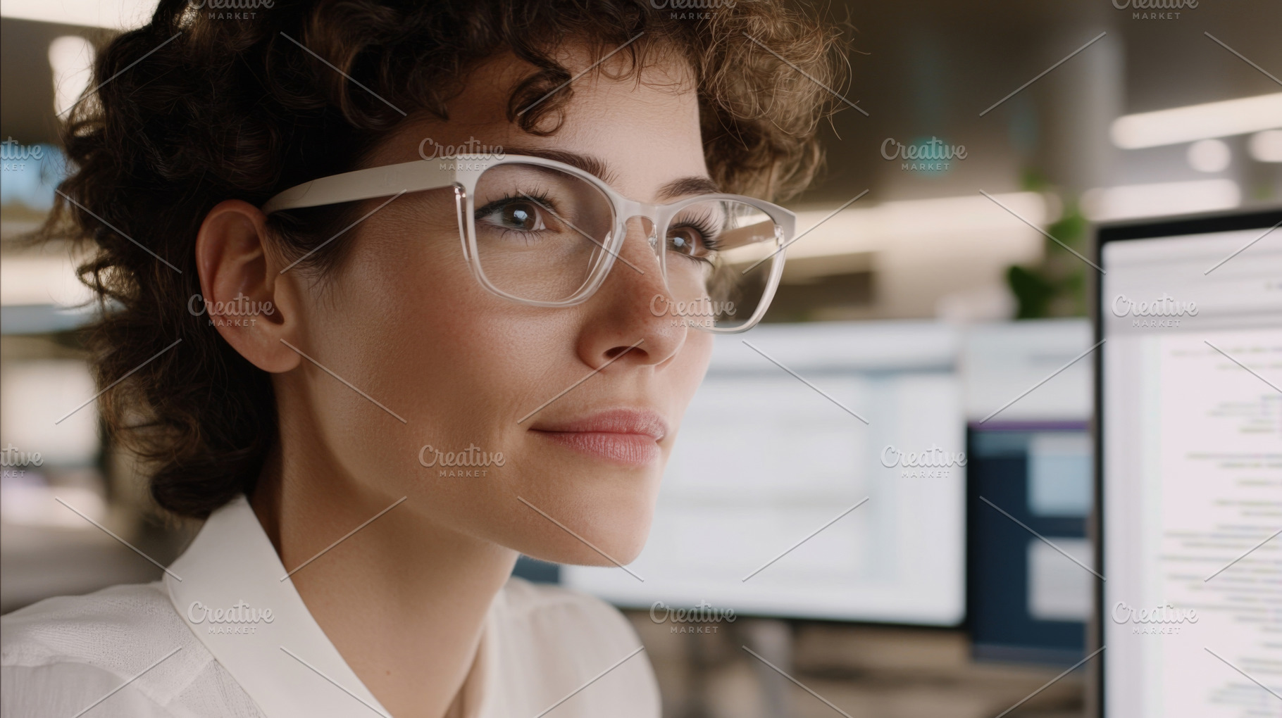 Female software developer focused in modern tech office setting, a Photo by Dvoevnore photos