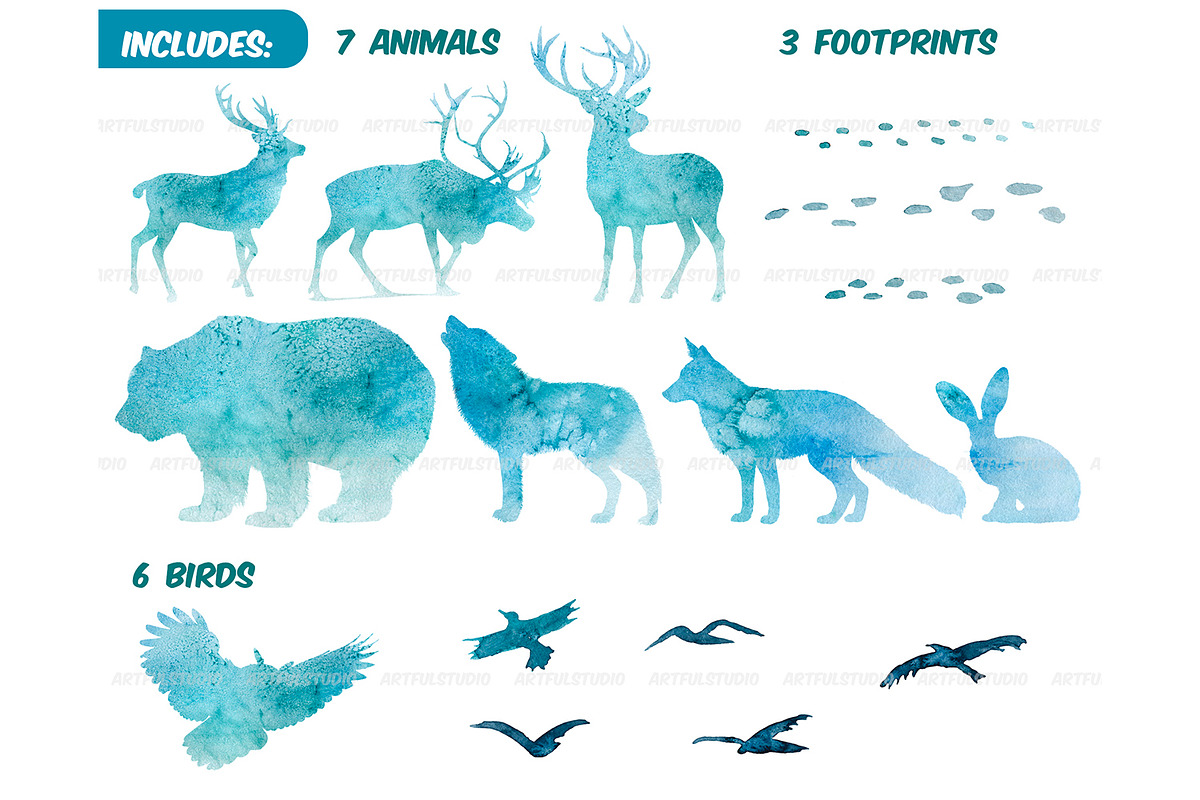 Watercolor winter forest clipart set, an Animal Illustration by ArtfulStudio (Photo 4 of 8)