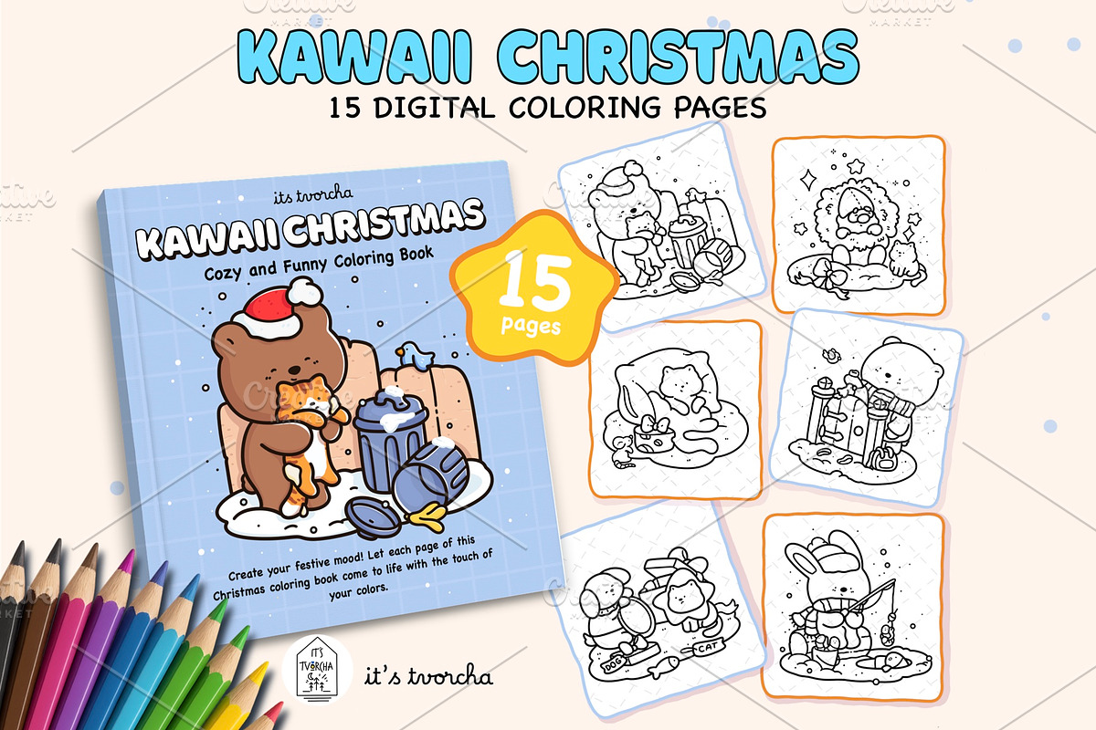 Kawaii Christmas Digital Coloring, an Object Graphic by Bold & Easy Coloring Book (Photo 1 of 4)