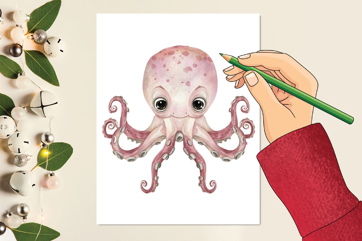 Watercolor Cute Octopus Clipart, an Illustration by CraftArtStudio (Photo 4 of 4)