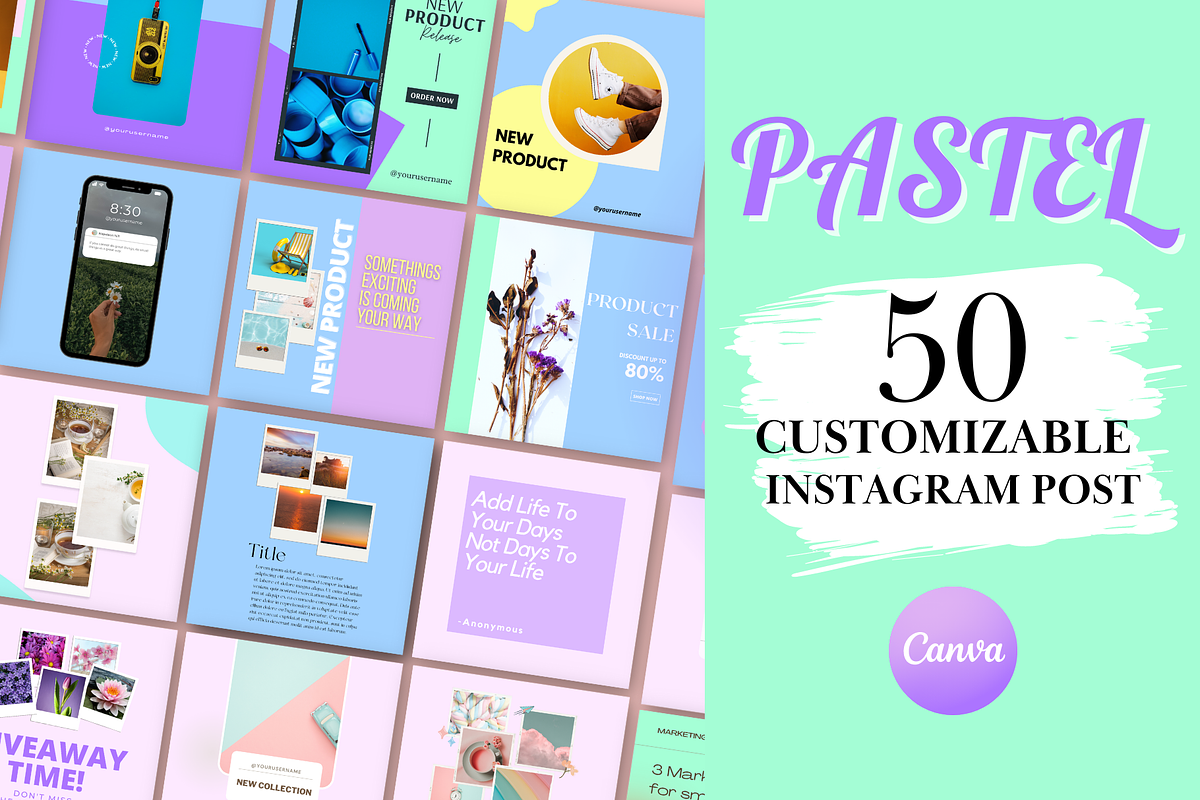 50 Instagram Post Templates Pastel, a Social Media Template by Daily Creative (Photo 1 of 5)