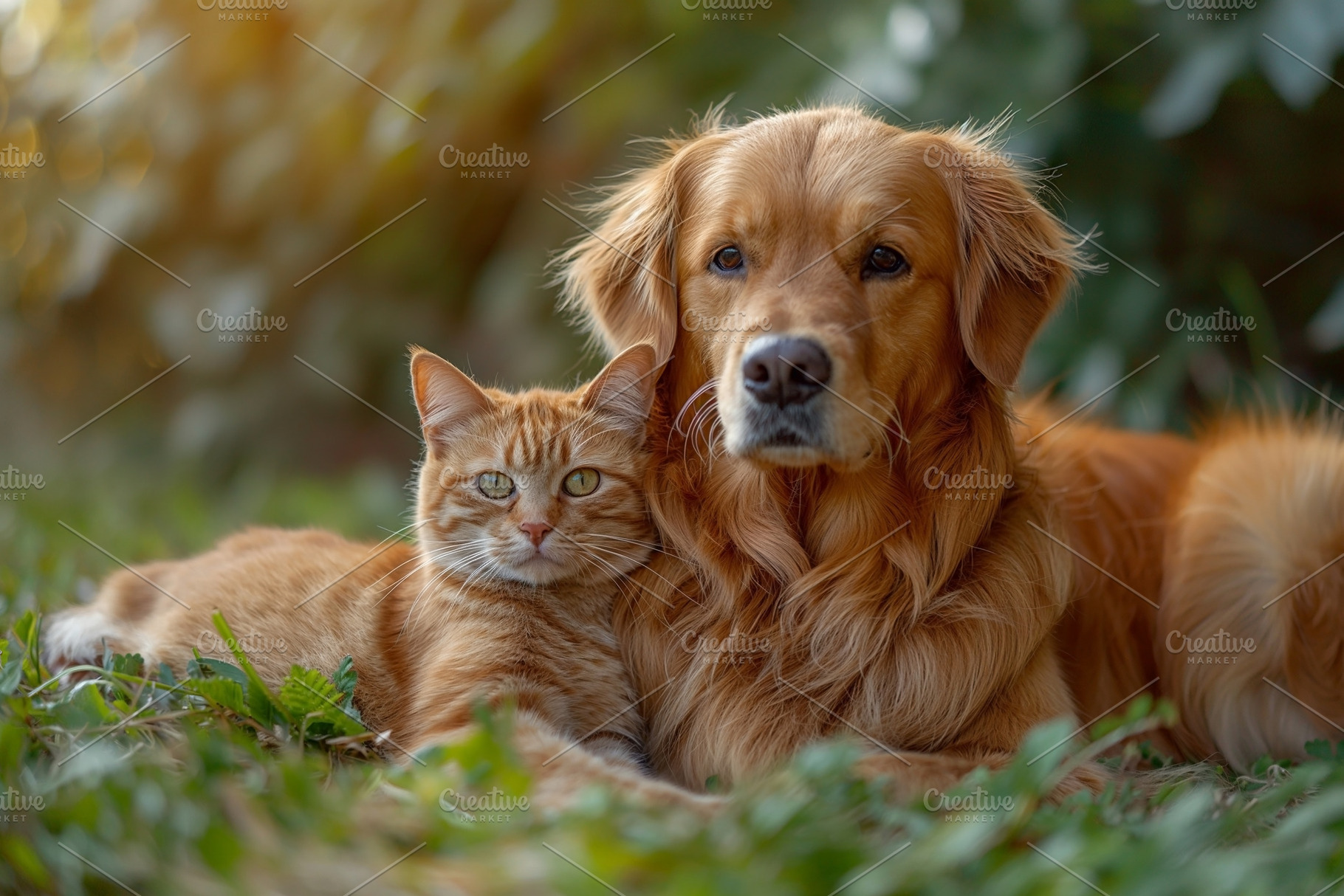 A golden retriever and an orange cat sitting comfortably together in a lush gre, an Animal Photo by ImageMir
