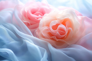 Delicate pink and peach roses nestled in soft blue fabric, creating a serene an, a Background Photo by ImageMir