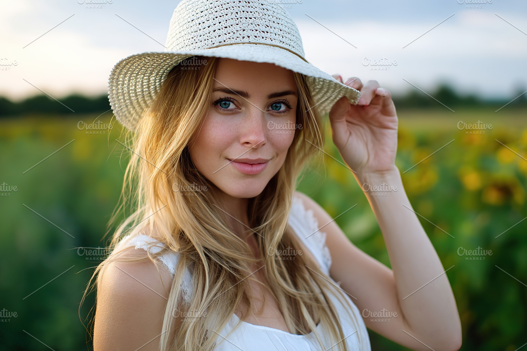 Young woman enjoying summer outdoors in a straw hat with sunflowers in the back, a Person Photo by AlyaAnd