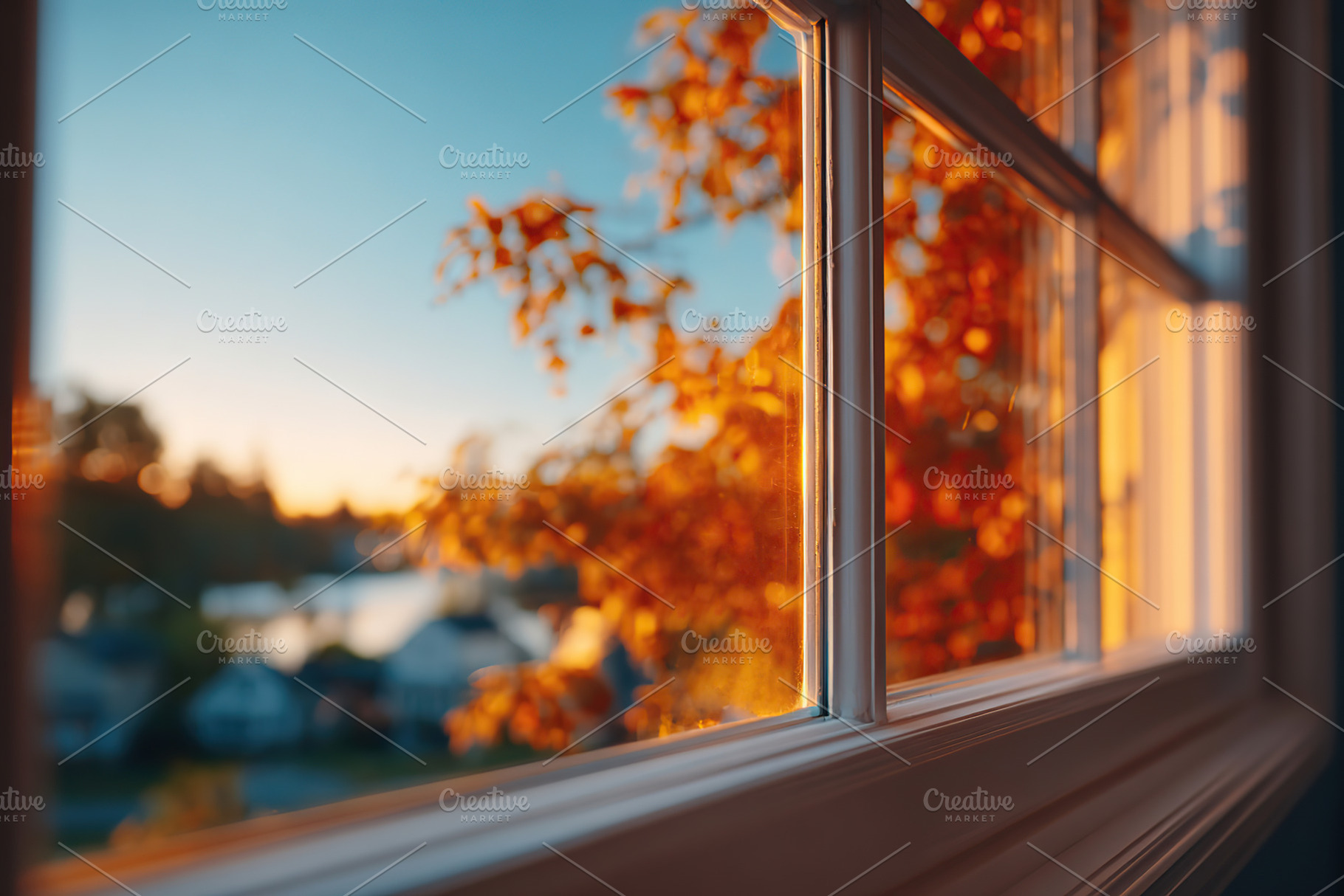 Beautiful autumn view through a large window showcasing vibrant orange leaves a, a Photo by AlyaAnd