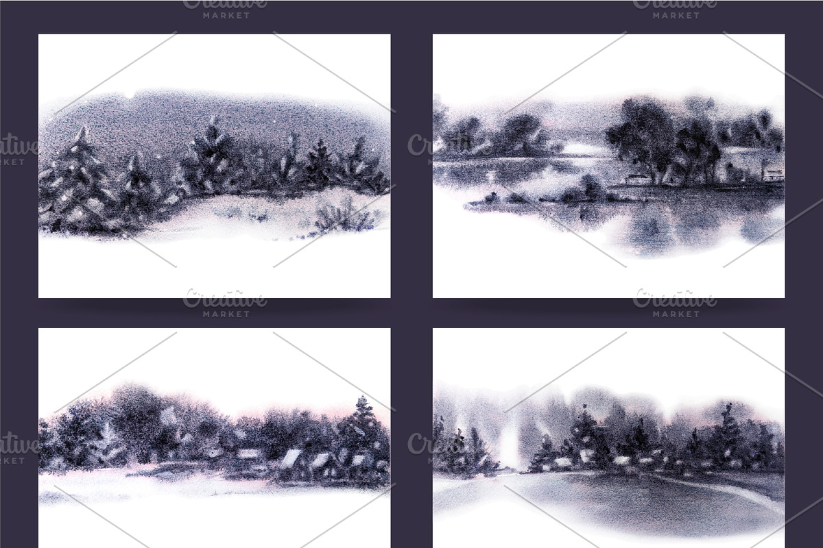 Watercolor Winter Landscapes Set, a Texture Illustration by Nuburu (Photo 9 of 14)