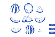 Cute Blue Line Watermelon Icons, an Illustration by Milota (Thumbnail 1 of 3)