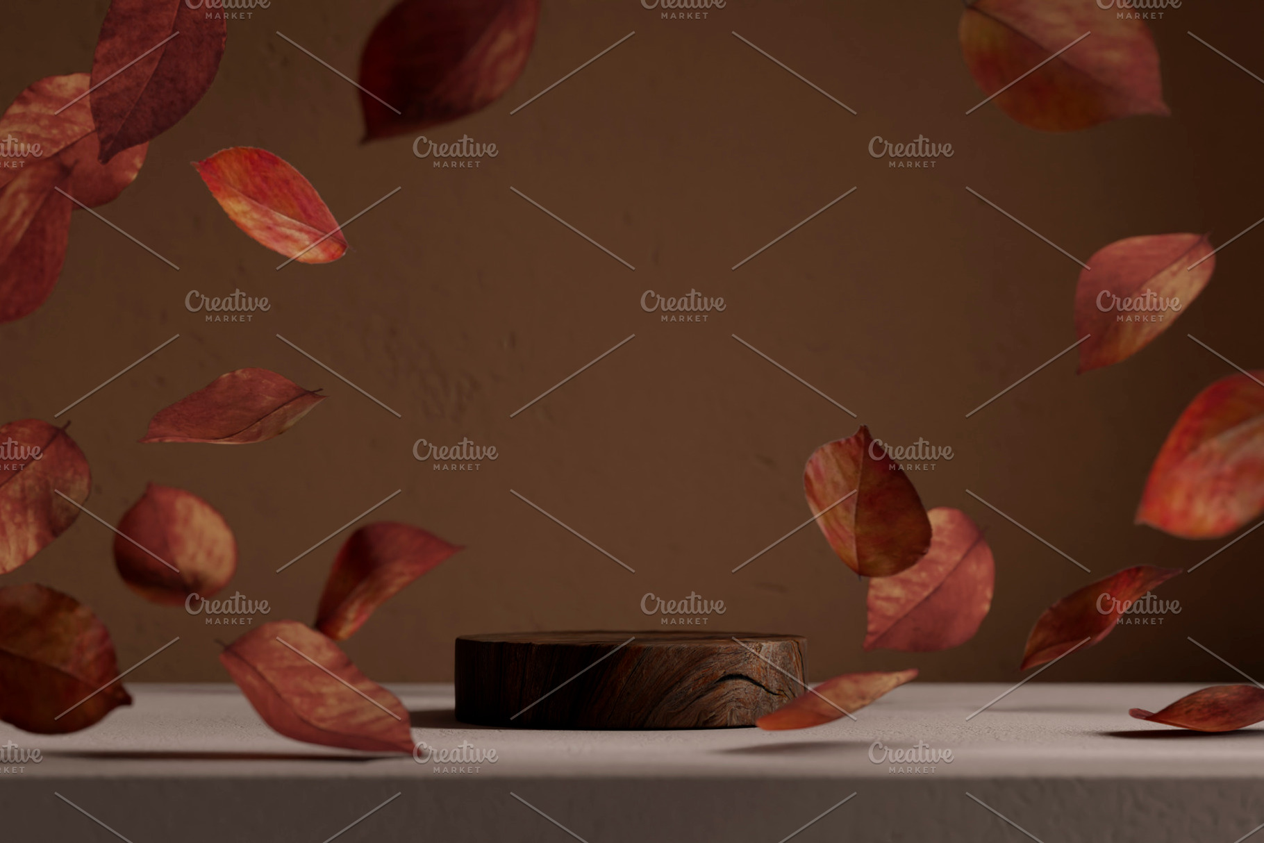 Wood podium falling autumn leaves, a Nature Photo by hitdelight