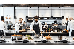 Professional chefs working in a, a Food & Drink Photo by Sergey Kotenev
