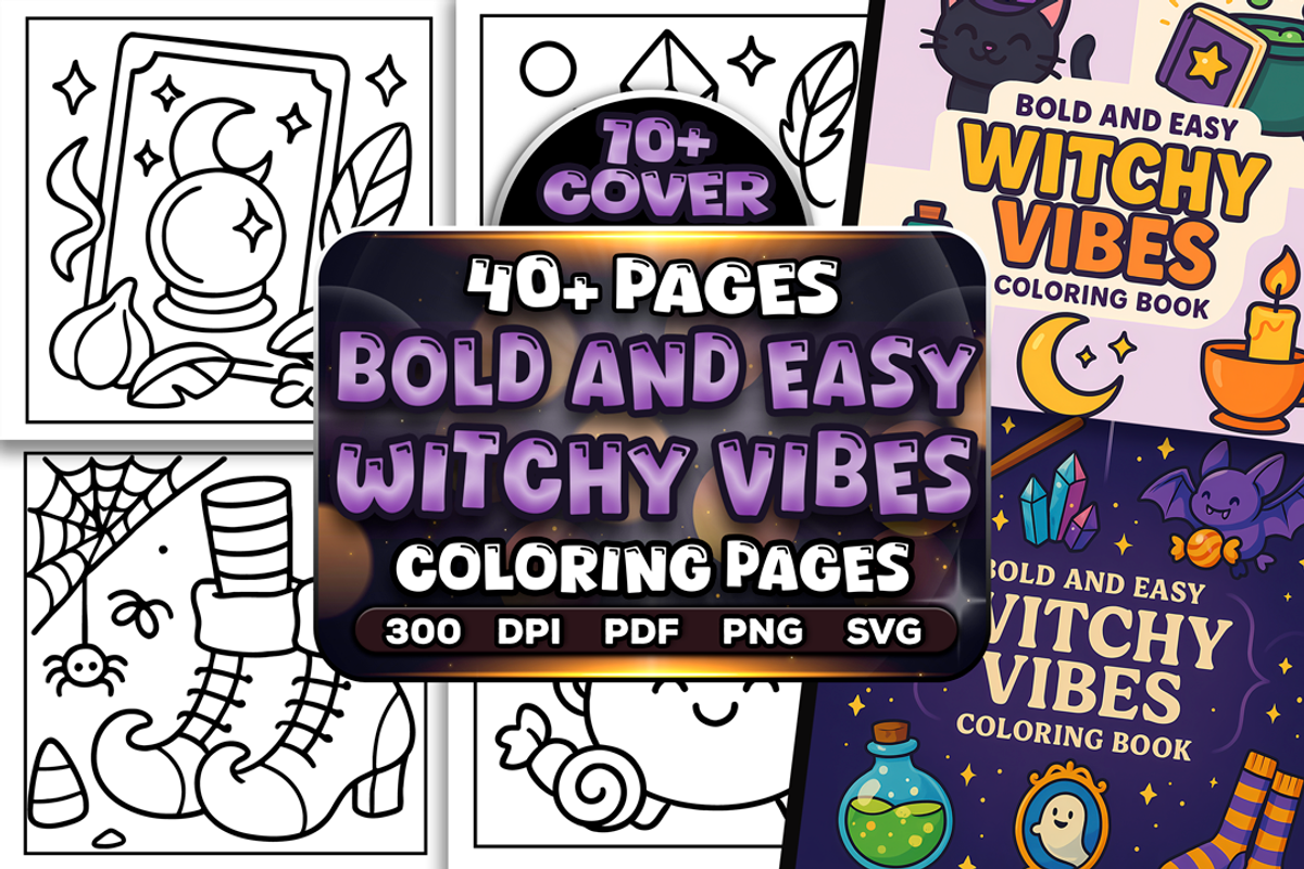Bold Easy Witchy Vibes Coloring Page, a Seasonal Illustration by Craftsbeefy (Photo 1 of 4)