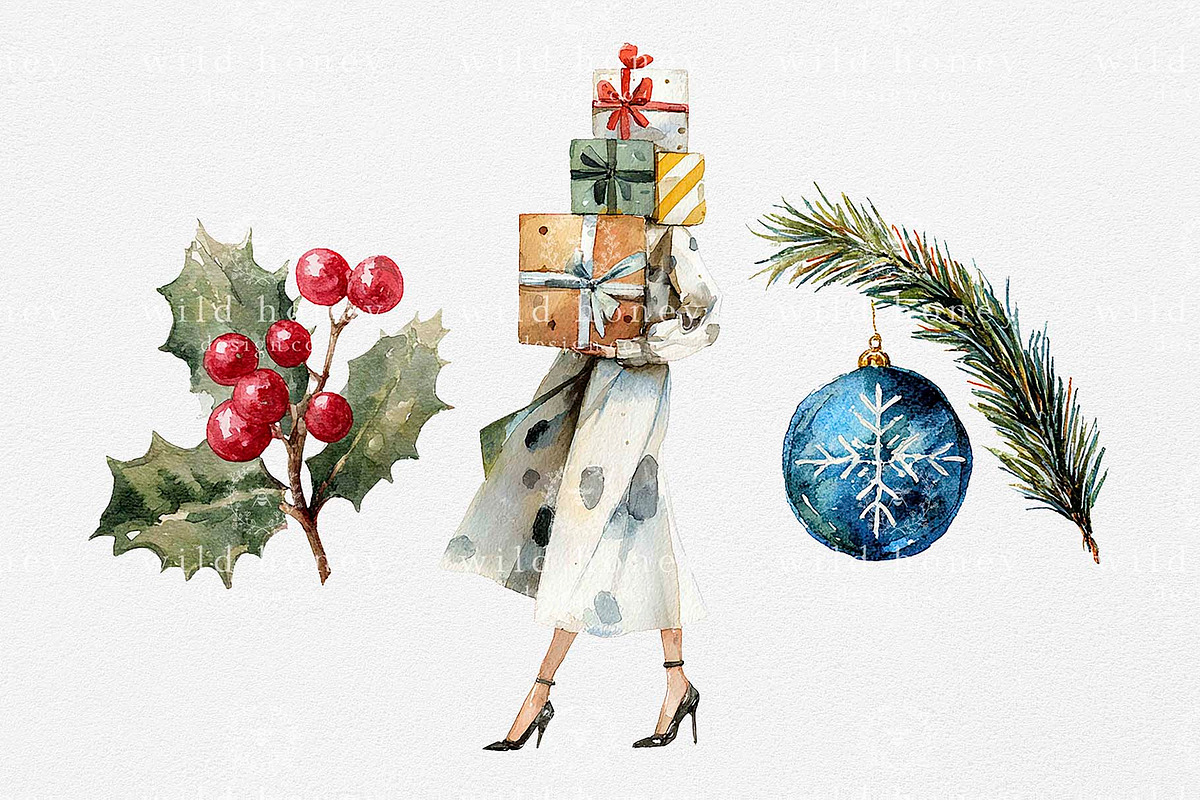 Christmas Watercolor Clipart Bundle, a Seasonal Illustration by Wild Honey Design Co. (Photo 4 of 6)