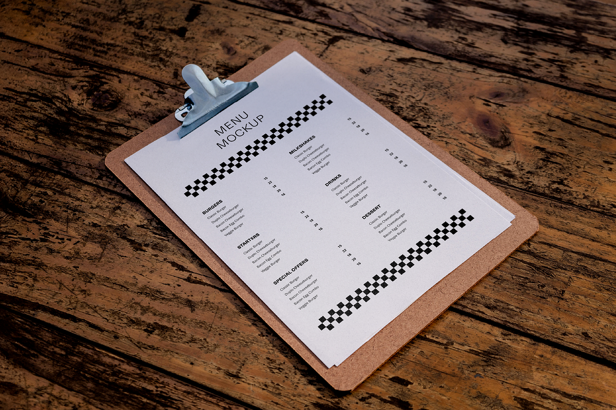 2 Realistic Clipboard Menu Mockups, a Product Mockup by rodrigofkaminski (Photo 2 of 3)