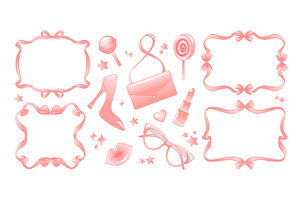 Pink coquette ribbon frame set, an Illustration by art PVP - market