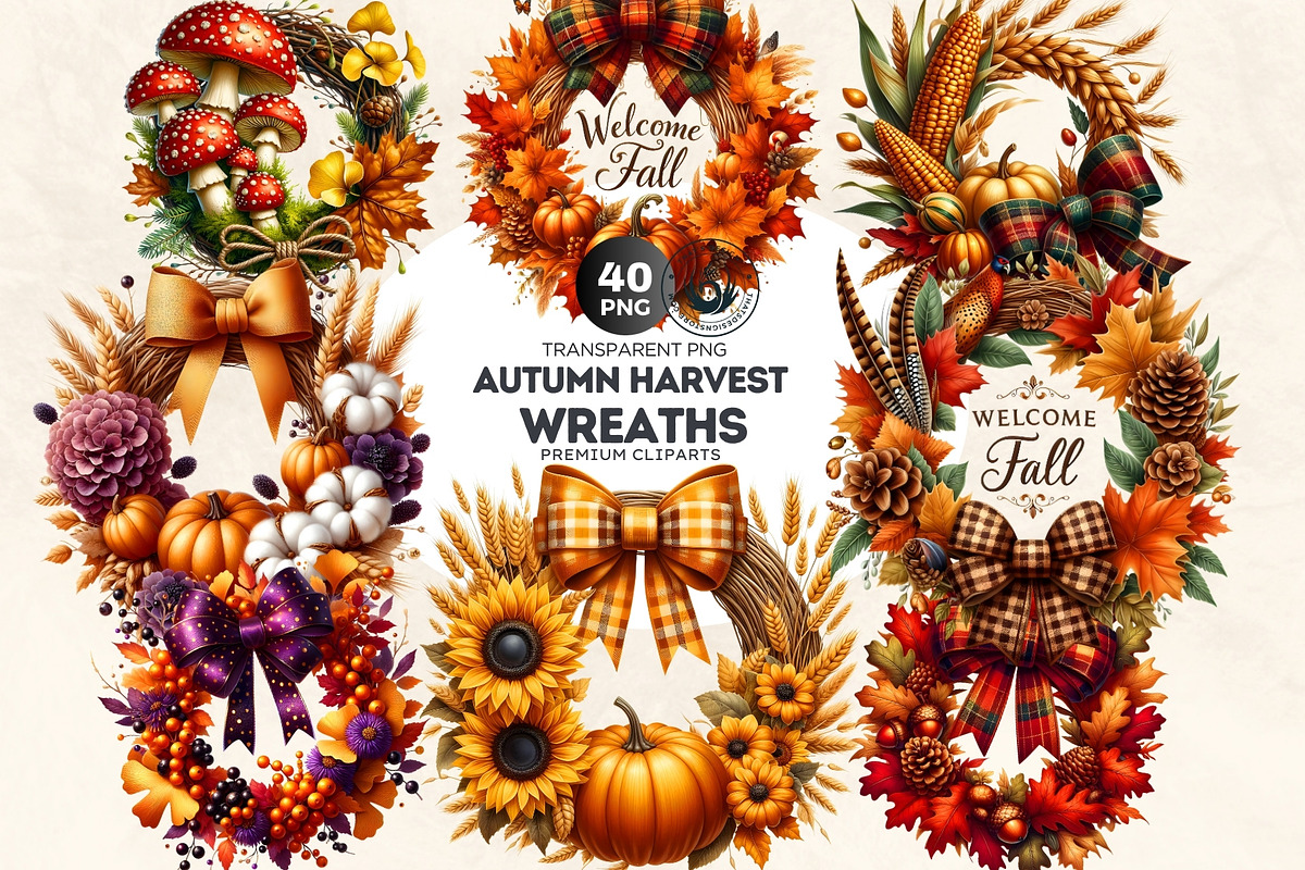 Autumn Harvest Wreaths Clipart, a Seasonal Illustration by ThatsDesignArt (Photo 1 of 10)