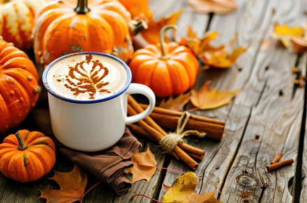 Close-up of a pumpkin spice latte with latte art, surrounded by pumpkins, autum, a Holiday Photo by Mashimara