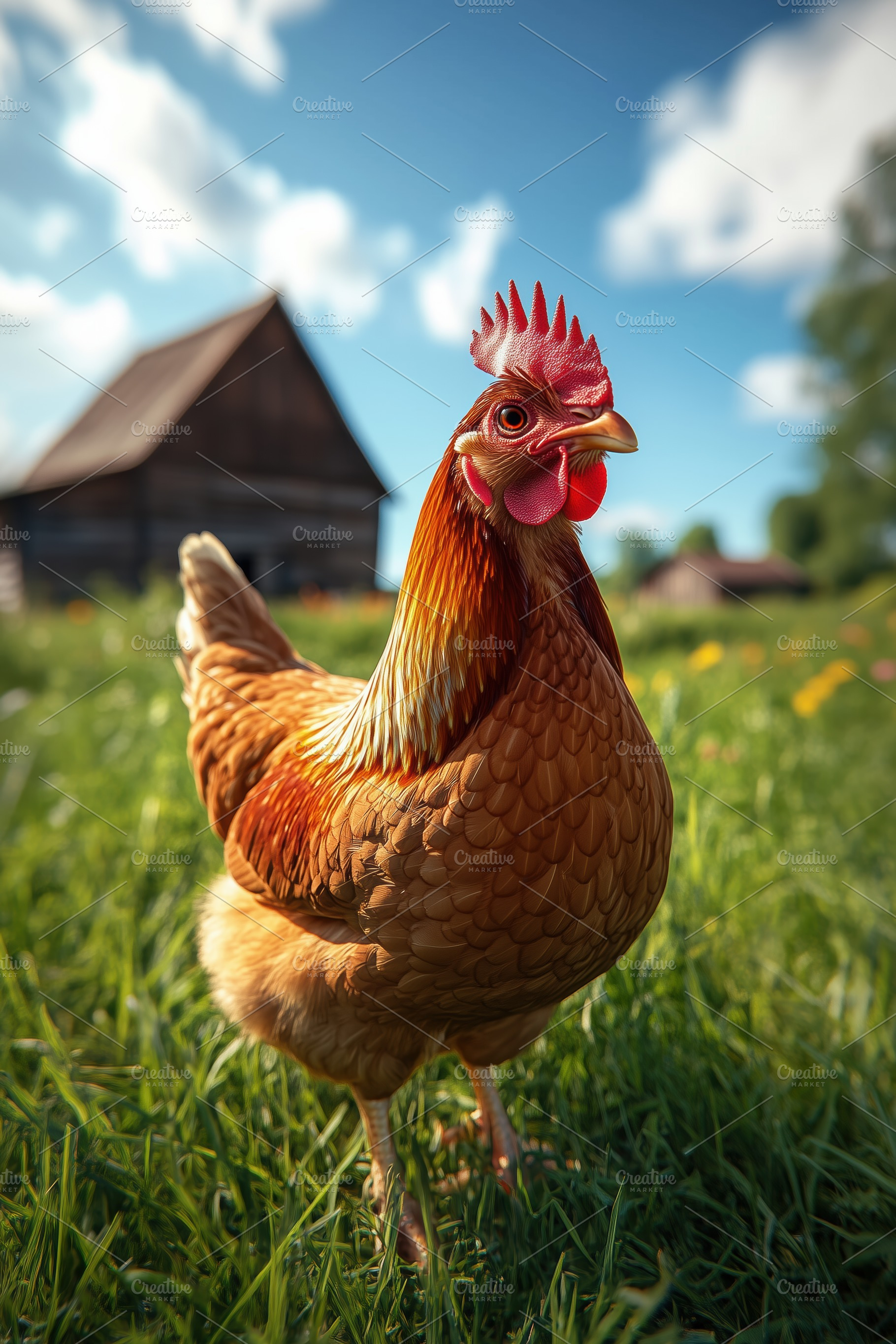 A close-up of a brown hen standing in a lush green field with a rustic barn in, an Animal Photo by Textures & Backgrounds