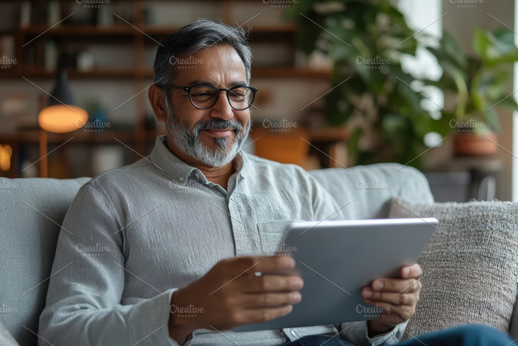 Middleaged Indian man enjoys device, a Photo by Pavel_design