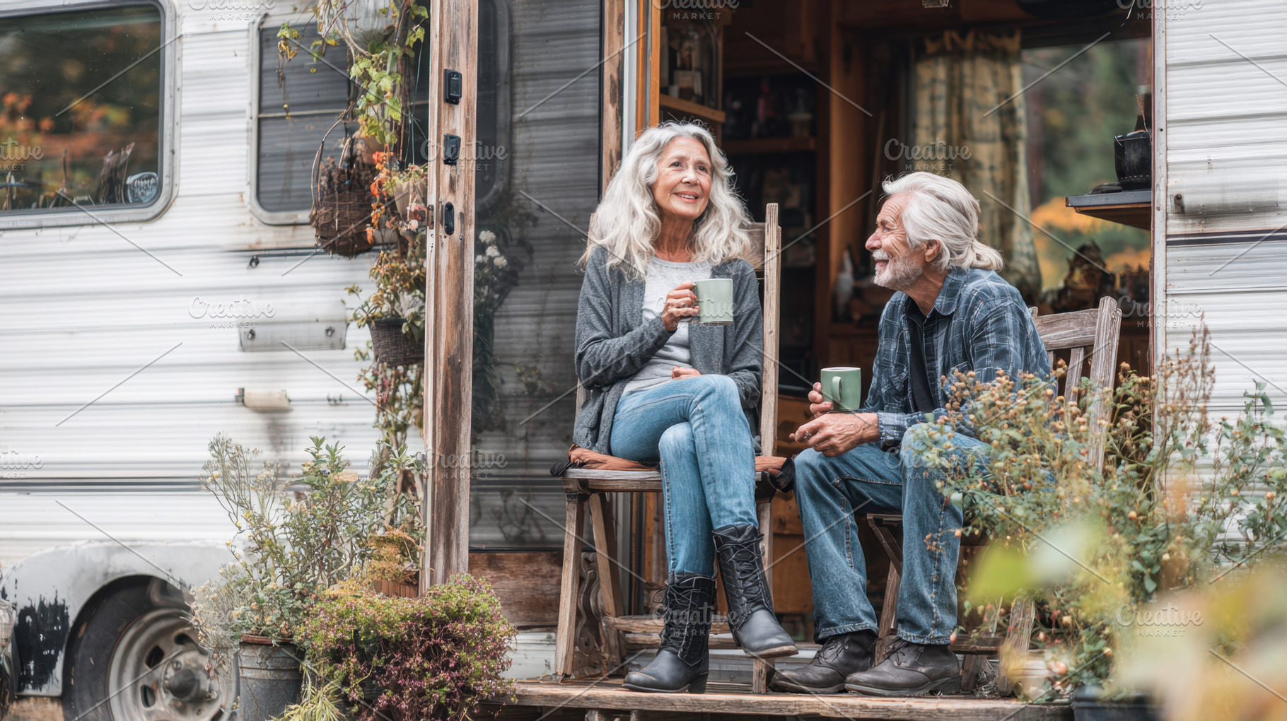 Couple enjoys drinks on camper porch, a Photo by Beautiful things