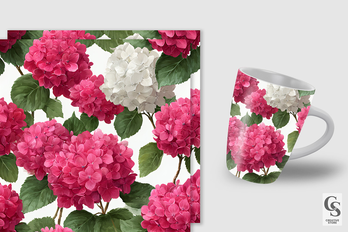 Pink & White Hydrangea Flower Papers, a Pattern Graphic by Creative Store (Photo 2 of 5)
