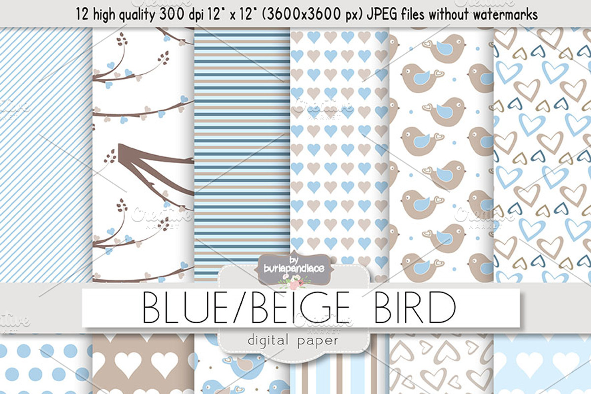 Blue beige birds digital papers
