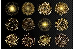 Set of realistic golden fireworks