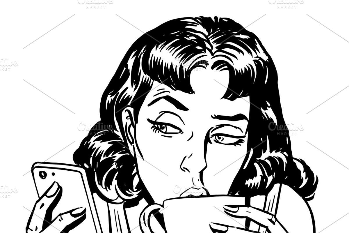 Morning girl coffee tea phone, a Food Illustration by studiostoks