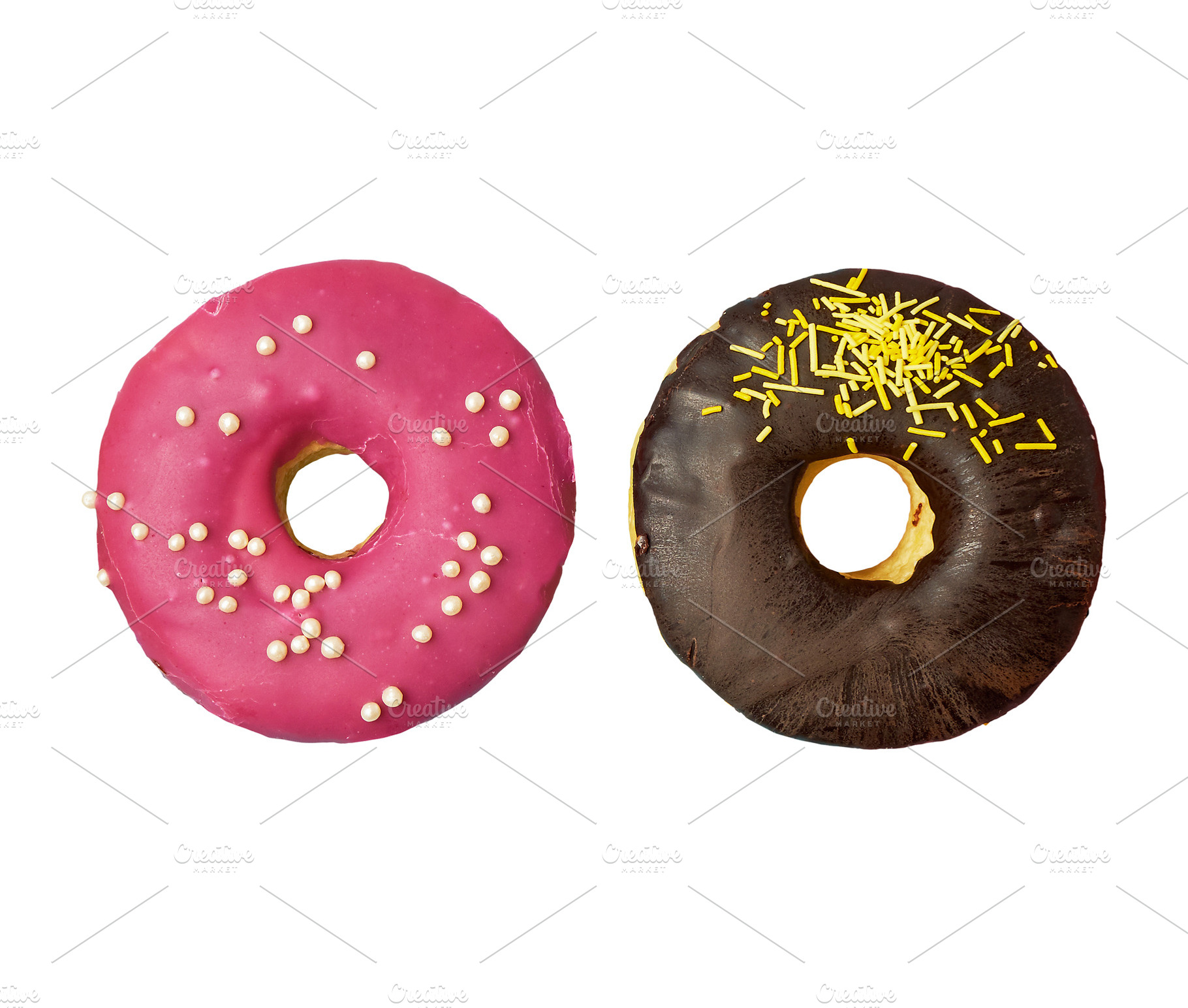 Two delicious donuts with pink and chocolate icing on isolated b, a Food & Drink Photo by ndanko