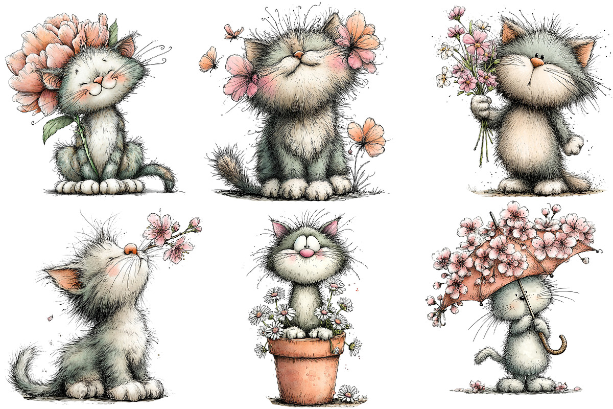 whimsical spring cat clipart, an Illustration by Designworld (Photo 3 of 3)
