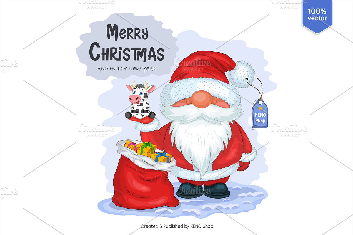 Santa Claus with a bull. Tshirt, PNG, a Decorative Illustration by KENO Mascots (Photo 2 of 3)