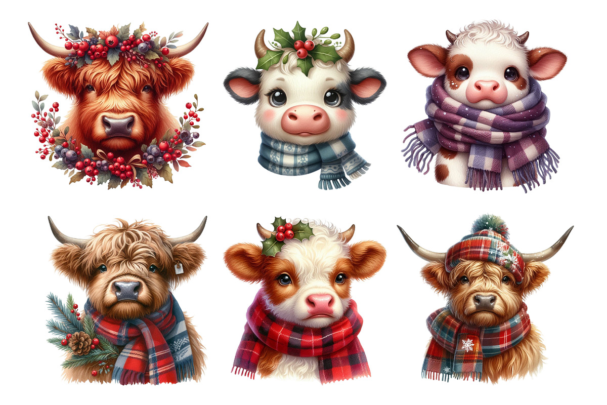 Watercolor Christmas Highland Cow, an Illustration by SinaCreation (Photo 3 of 7)