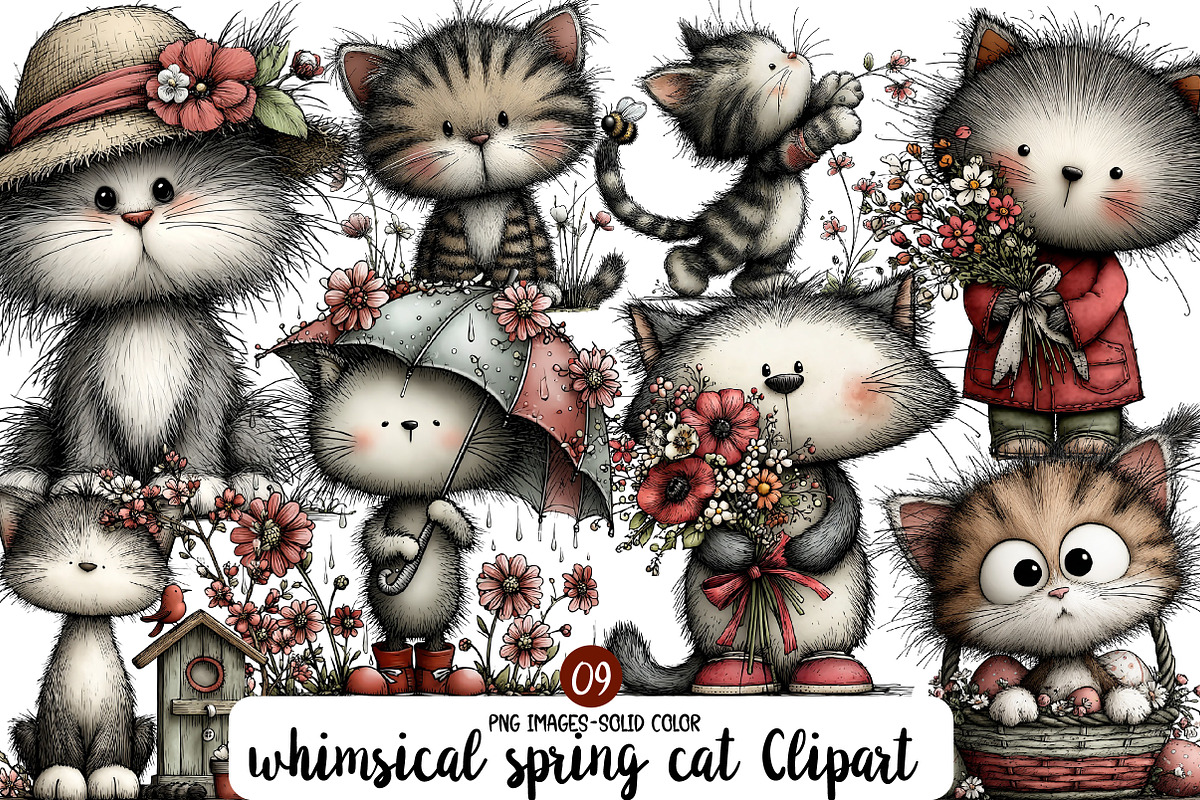 whimsical spring cat Clipart, an Illustration by Designworld (Photo 1 of 6)