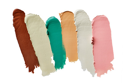 Samples of color correcting concealers Set isolated on white background. Swatch, a Beauty & Fashion Photo by colnihko