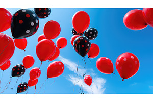 floating red and black balloons ai, a Nature Photo by pikepicture