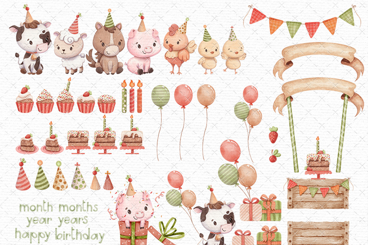 Farm Birthday - Watercolor Clipart, an Animal Illustration by Gau Silva Studio (Photo 2 of 5)