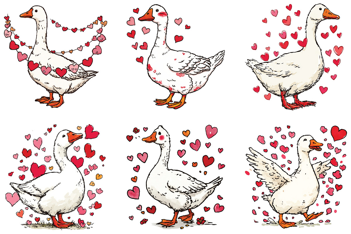 Watercolor Goose Valentine Clipart, an Illustration by CraftArtStudio (Photo 2 of 6)
