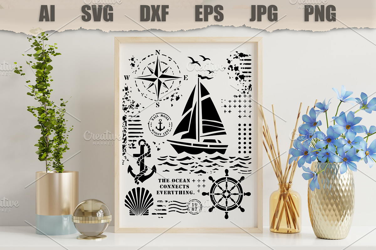 Stencil Nautical Sailboat Ocean, an Object Illustration by MARYCRAFTIRIA (Photo 3 of 3)