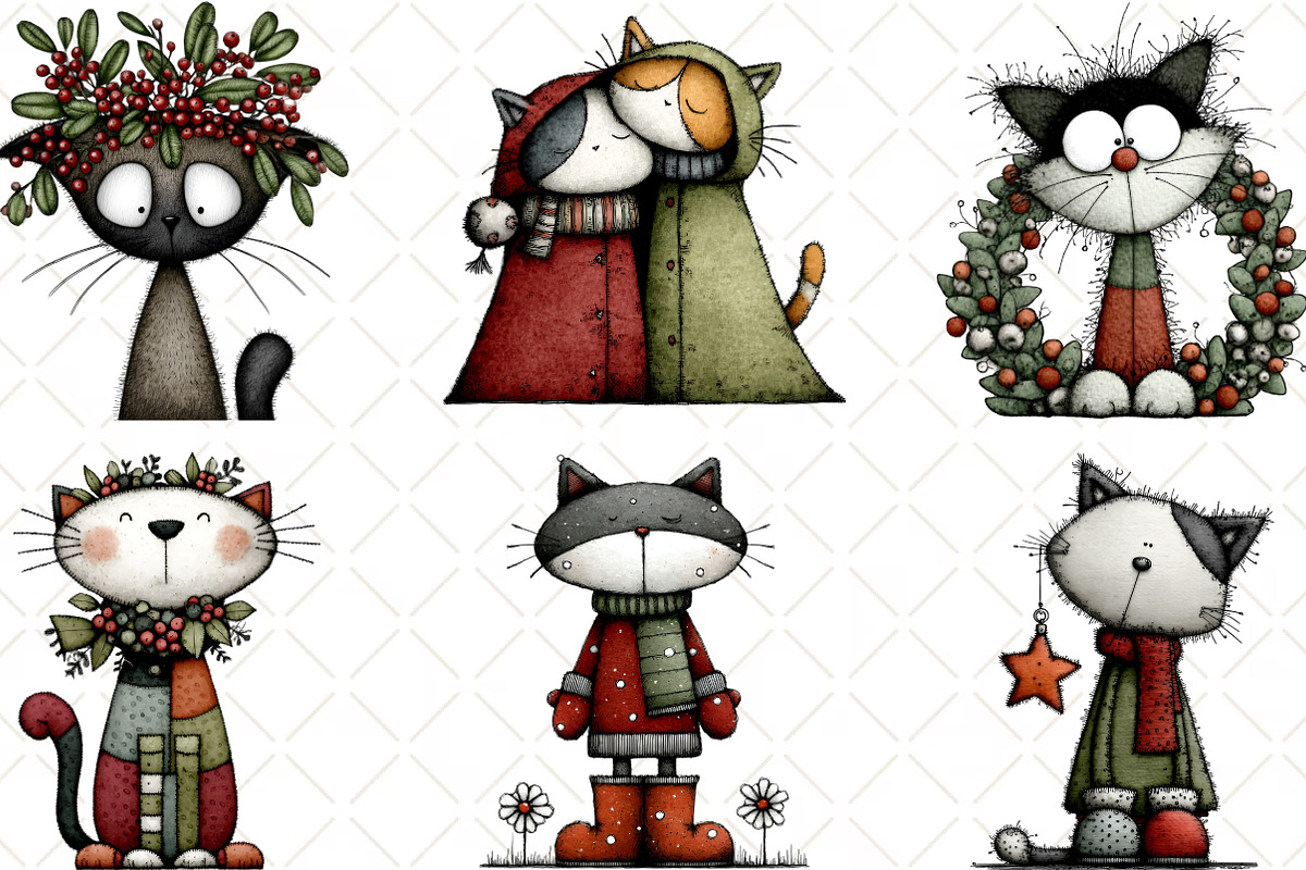 Watercolor Christmas Cats Clipart, an Illustration by Black Bird Studio (Photo 4 of 6)