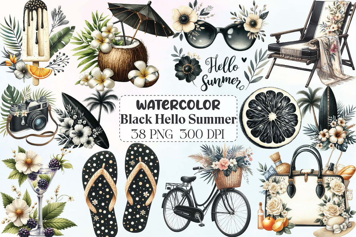 Ivory and Black Hello Summer Clipart, an Illustration by CraftArtStudio (Photo 1 of 6)