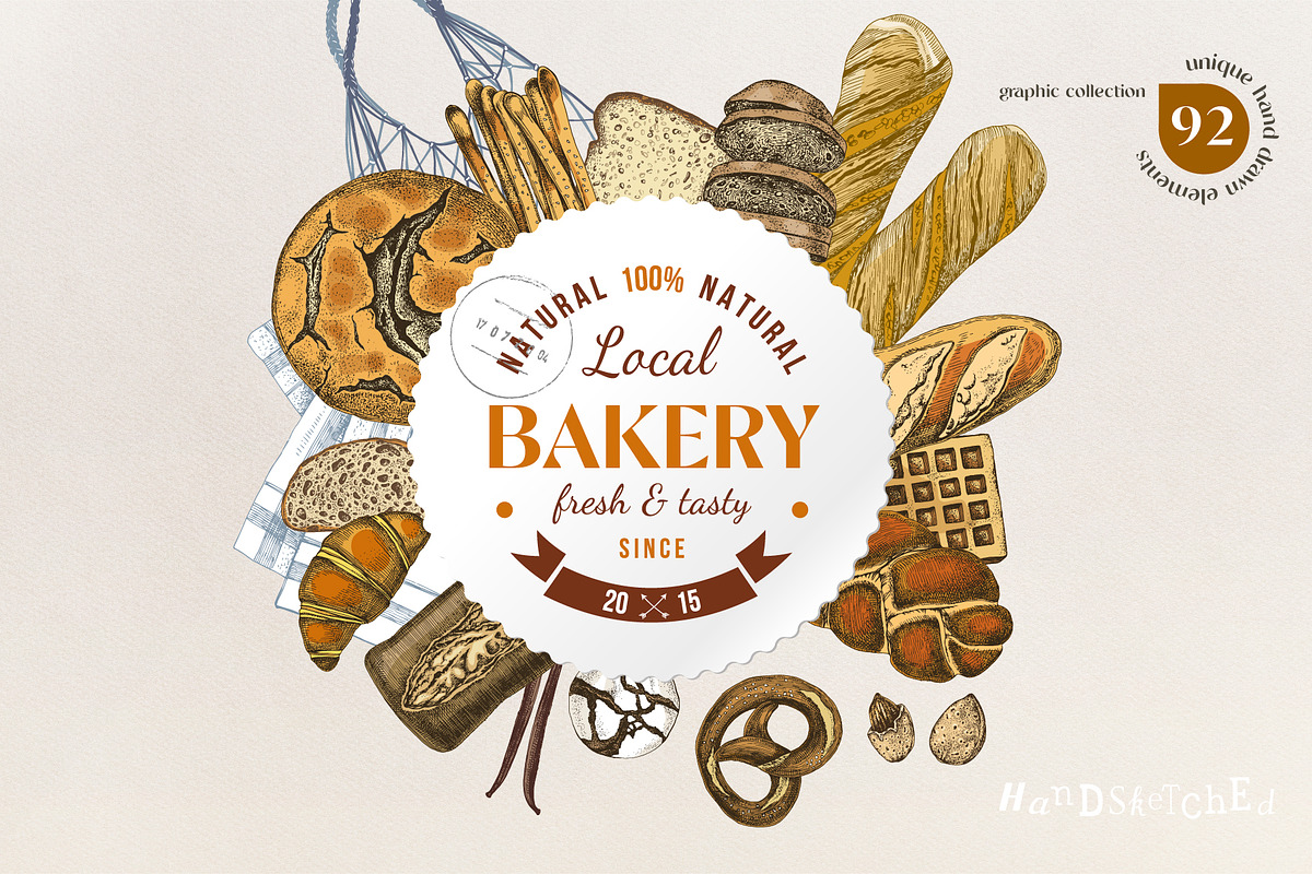 Local bakery. Types of bread., a Food Illustration by handsketched (Photo 1 of 15)