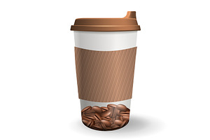 Realistic, To Go And Takeaway Paper Cup With Coffee Beans Pattern.