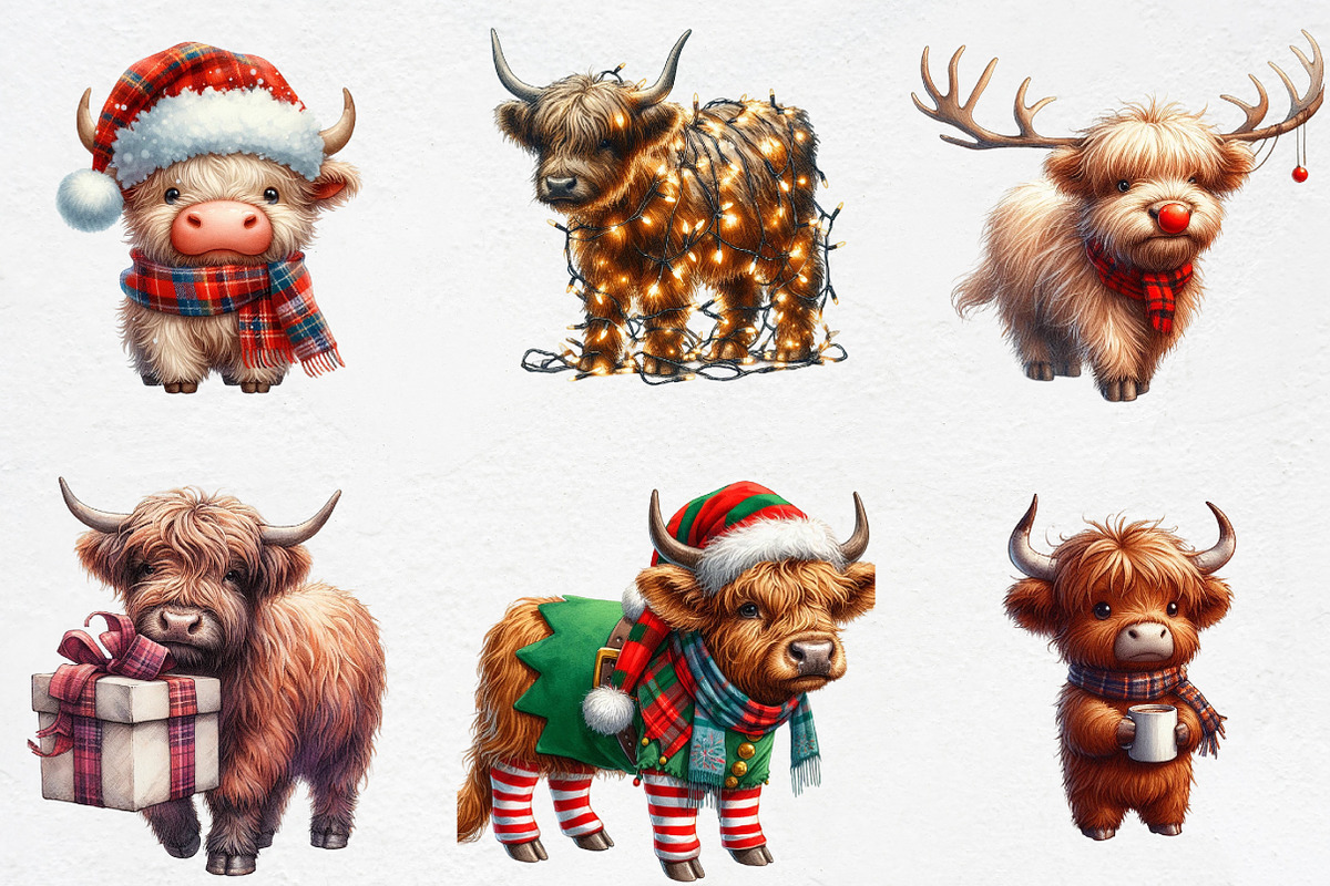 Cute Christmas Highland Cow Clipart, an Illustration by CrexoraLab (Photo 2 of 5)