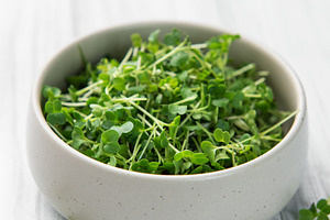 Fresh microgreens in bowl on white wooden table, a Photo by Olena Rudo