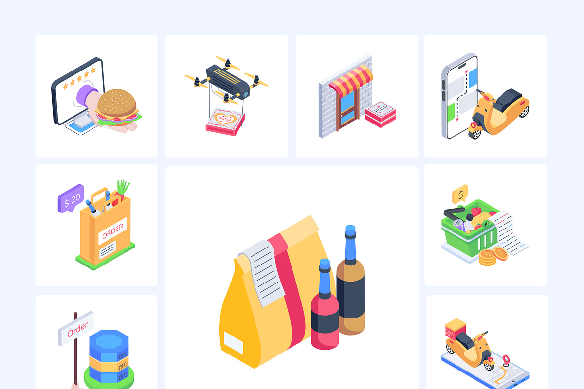 Food Delivery Isometric Icons, an Emoji Icon by Vectors Market (Photo 5 of 9)