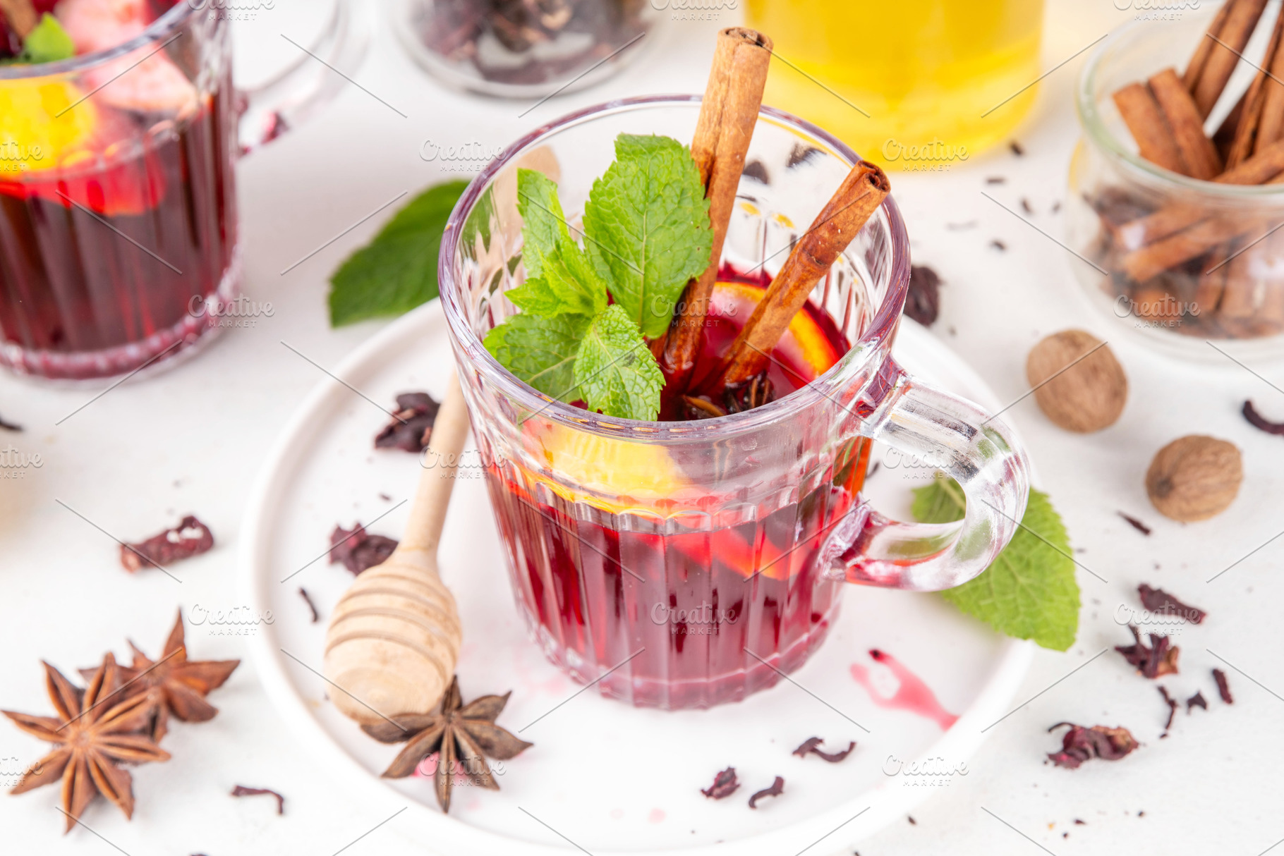 Tasty autumn non-alcohol hibiscus mulled wine drink, a Food & Drink Photo by Rimma