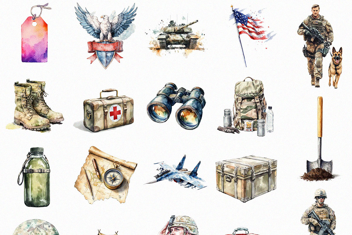 Watercolor Military Clipart (PNG), an Object Illustration by DesignBTF (Photo 2 of 6)