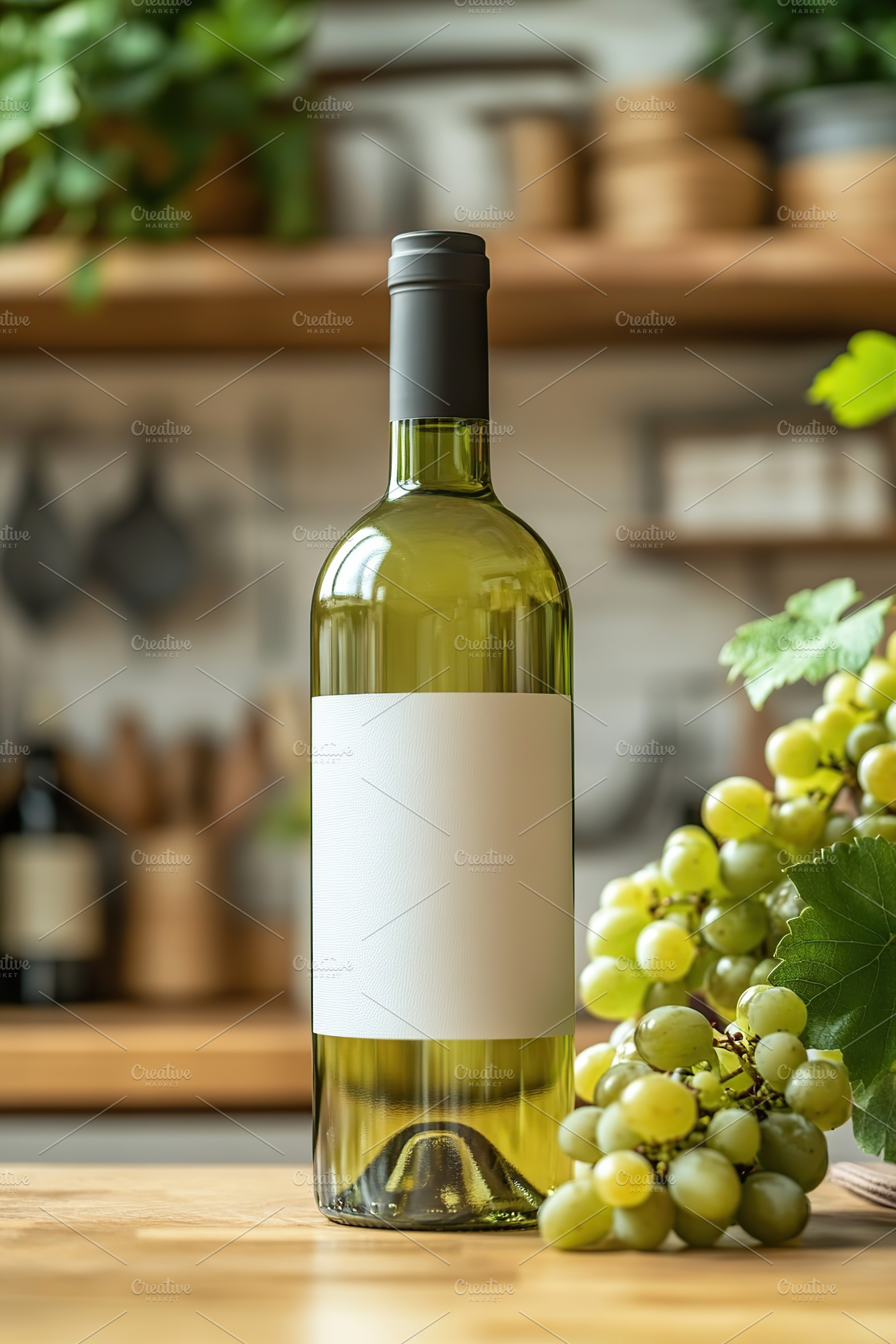 Elegant white wine bottle with blank label beside fresh green grapes on kitchen, a Food & Drink Photo by AlyaAnd