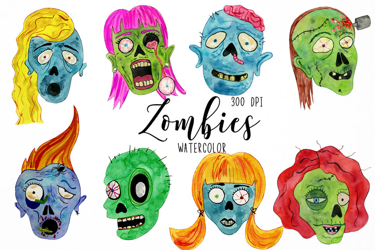Watercolor Zombies Clipart, an Object Graphic by Paulaparaula (Photo 1 of 3)