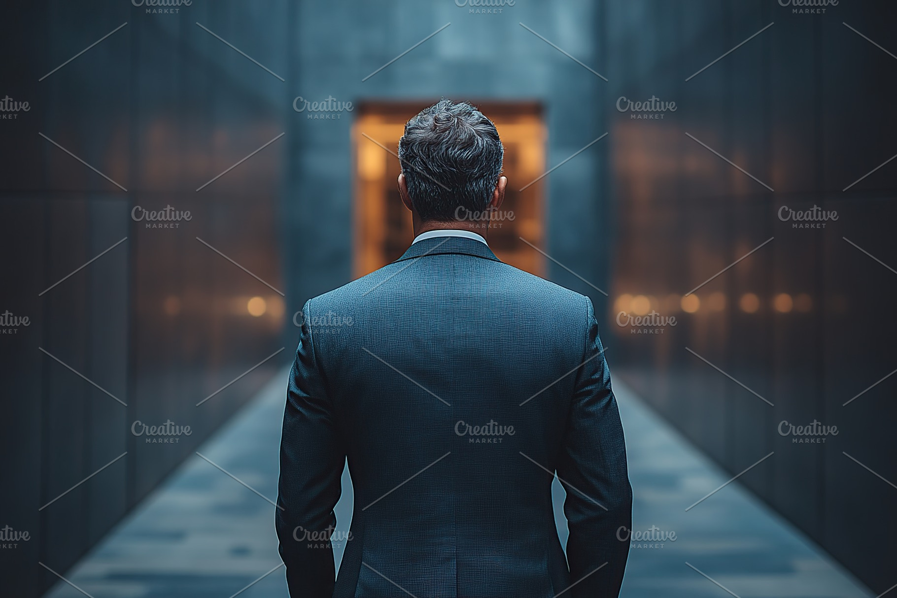 Back view of businessman facing difficulties, against narrow corridor backgroun, a Photo by AlyaAnd
